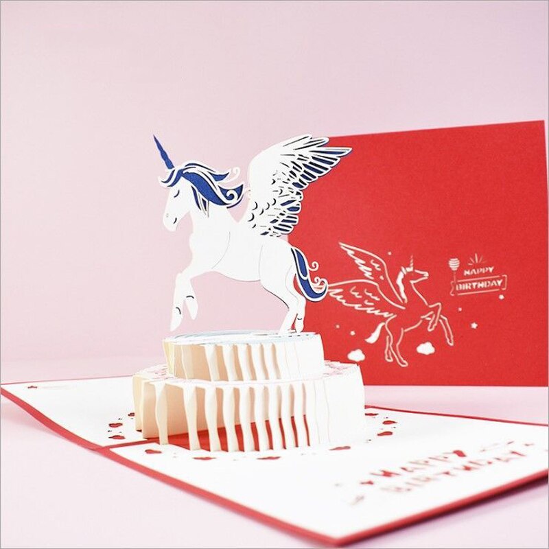 3D Pop-Up Cards Birthday Card For Girl Kids Wife Husband Birthday Cake Unicorn Bear Merry-go-round Greeting Card: Unicorn Red