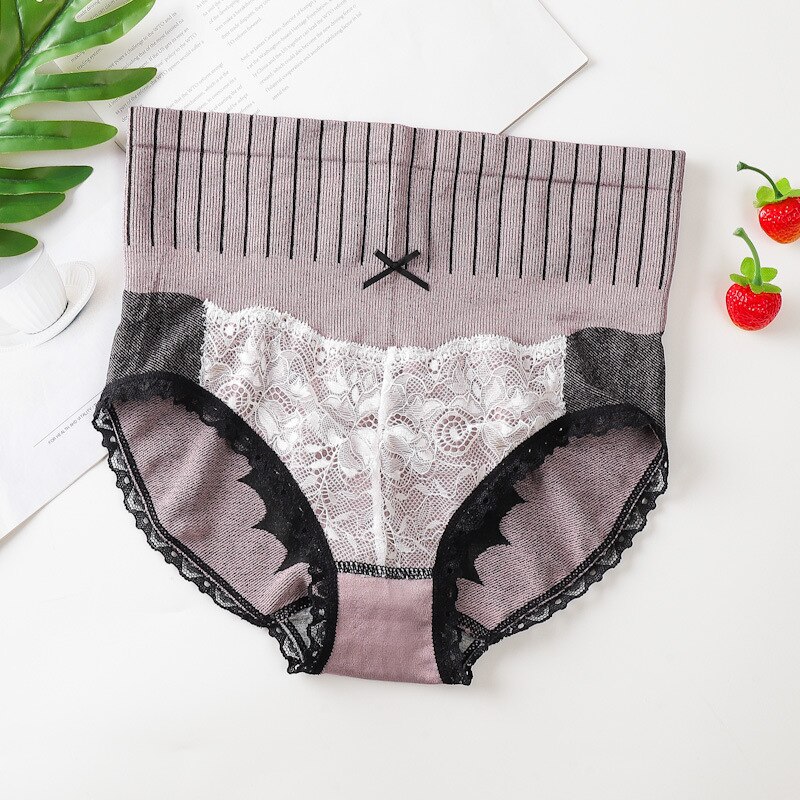 High Waist Tight Belly Women Panties Lace Sweet Underwear Graphene Crotch Antibacterial Lingerie Soft Comfortable Pantys: pink panties / L