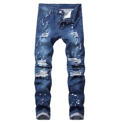Stretch Denim Men Hip hop Multi-pocket Cargo Biker Skinny Jeans Distressed Slim fit Streetwear Motorcycle male Pencil pants: B102 blue / 36