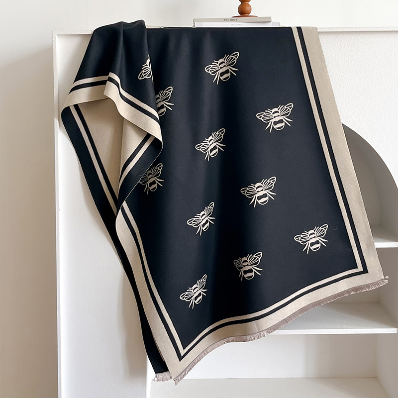 Luxo marca de dois lados abelhas lenço, imitação de caxemira, macio, quente, franja, pashmina, xale, inverno, coldproof, à prova de vento, cobertor: Preto
