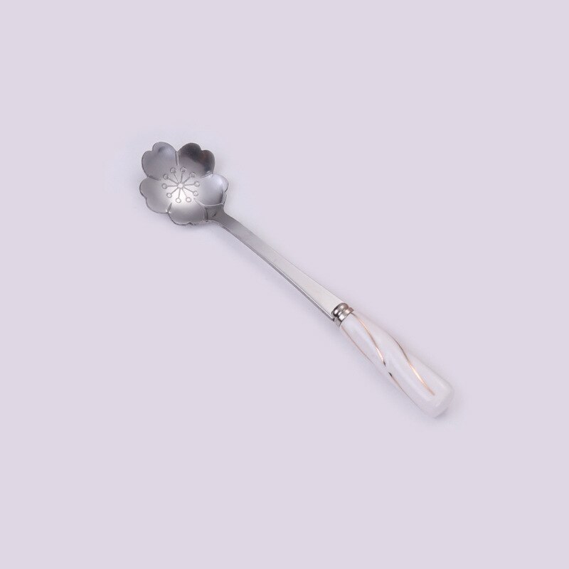 Cuchara de postre de cereza dorada japonesa creativa, mango de cerámica bonito, cuchara agitadora de café de acero inoxidable, , 1 ud.: Silver White