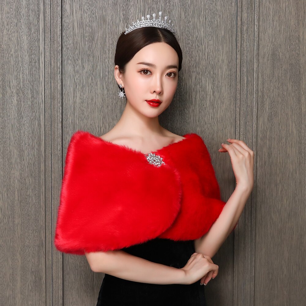 Rode Faux Fur Party Shawl Winter Warm Bridal Bolero Bruiloft Jas Bruiloft Diamanten Broche Bridal Wrap Party Cape