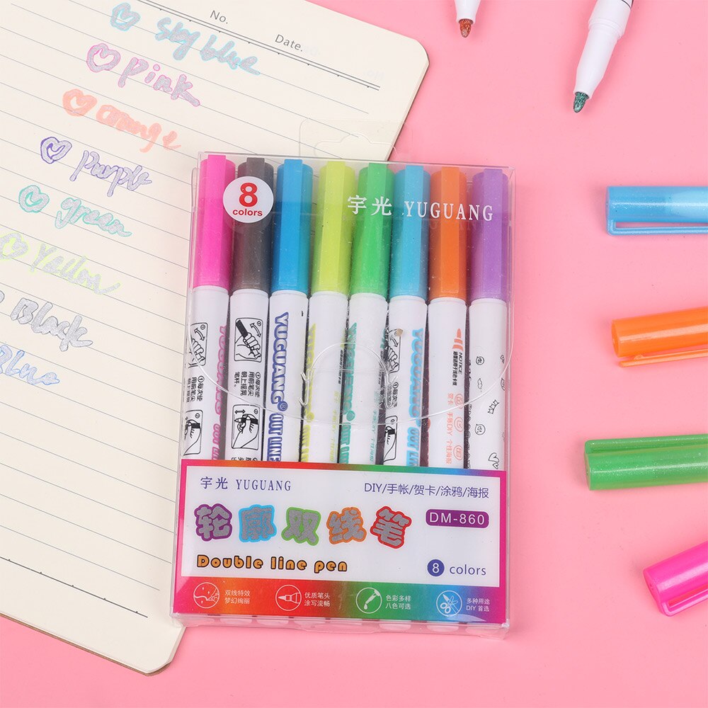 8 PCs/Set Colorful Double Line Pen Highlighter Fluorescent Markers Candy Color Hand Painted Pen for School Poster DIY Album