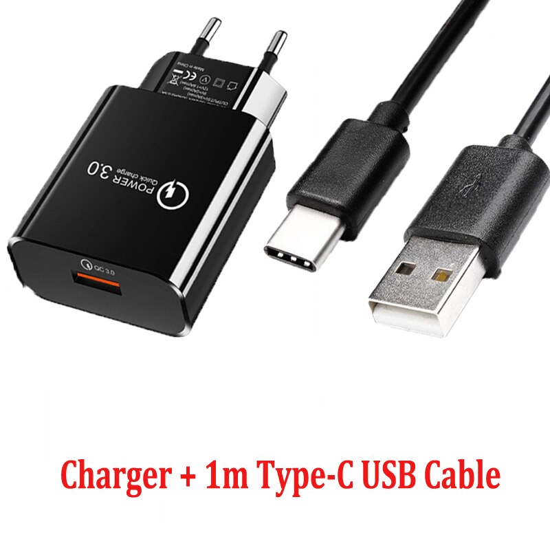 EU Plug QC 3.0 Fast Charger For Xiaomi Redmi 8A 9A Note 8T 9S 7 8 9 K20 K30 Pro OPPO A52 A72 A92 Type C USB Cable Phone Charger: Black Charger Cable