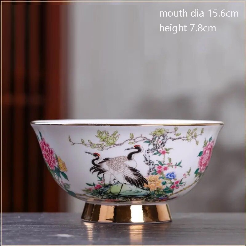 Jingdezhen Ceramic Antique Bowl Tableware Household Bowl Noodles Bowl Gold Painted Large Rice Bowl Soup Bowl High Foot Bowl: crane bowl x 1