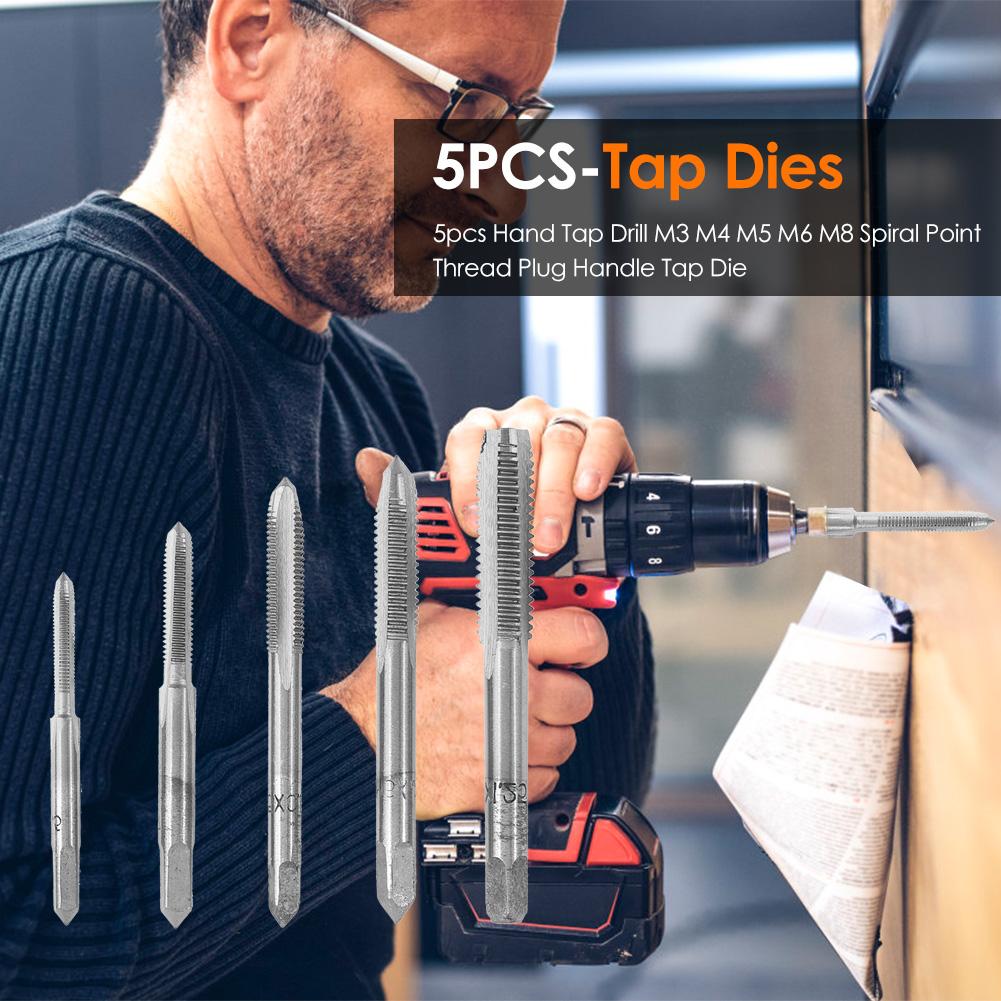 5pcs Hss Machine Screw Thread Screw Taps M3 M4 M5 M6 M8 Spiral Thread Right Hand Tap Drill Tapping Metric Plug Tap Set Die Tools