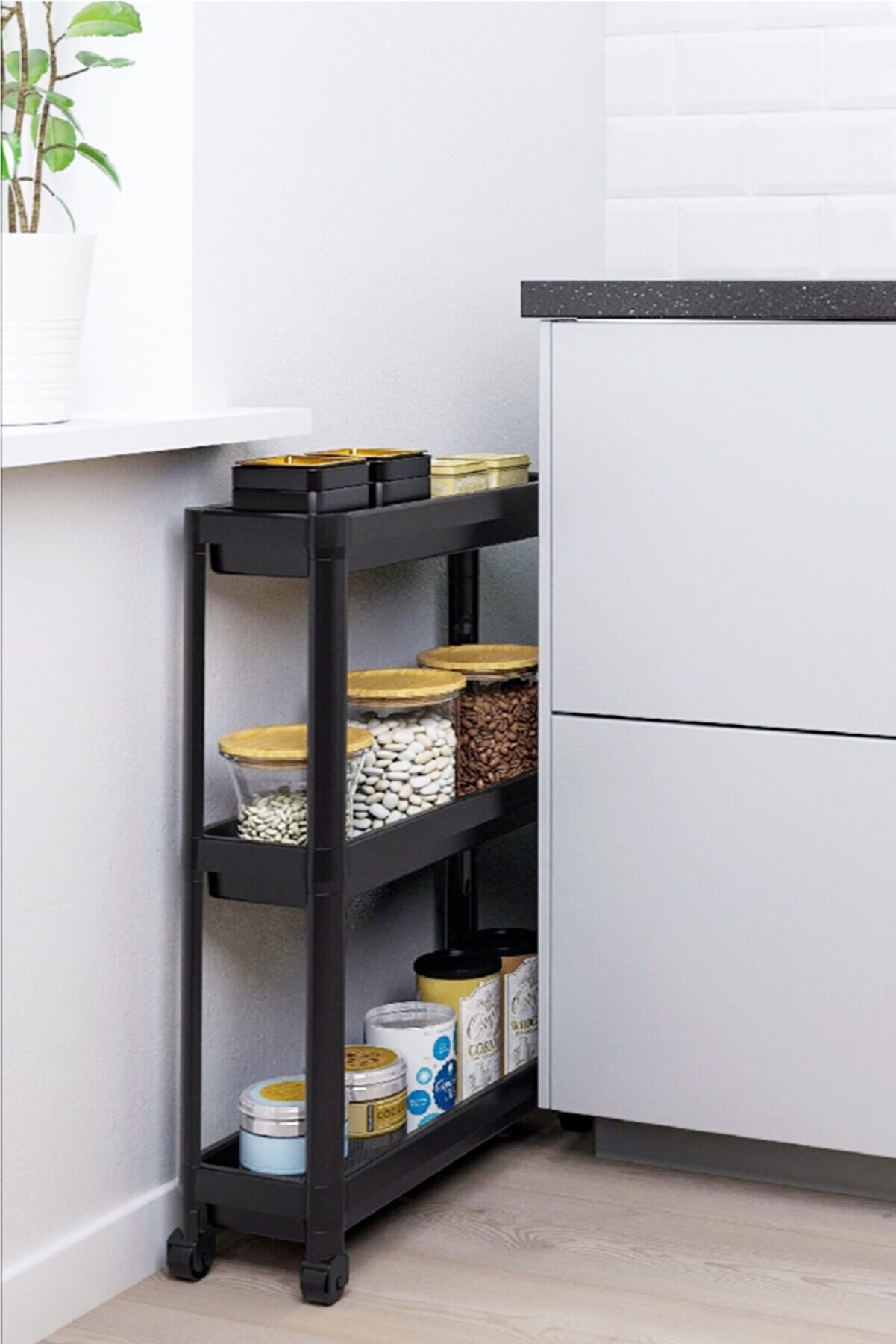Vesken – étagère à roulettes à 3 niveaux, blanche et noire, pour salle de bain, cuisine, Table de service, organisateur de meubles, d&#39;accessoires