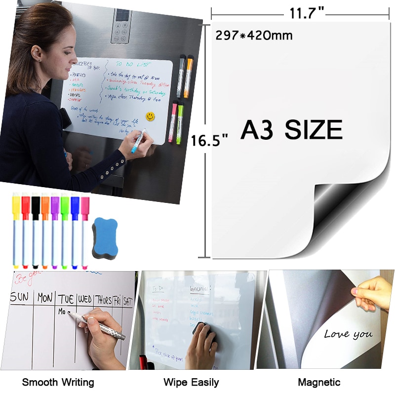 A3Size Magnetische Zachte Whiteboard Dry Erase Board Kalender Magneet White Board Pen Bericht Memo Tekening Schrijven Muursticker