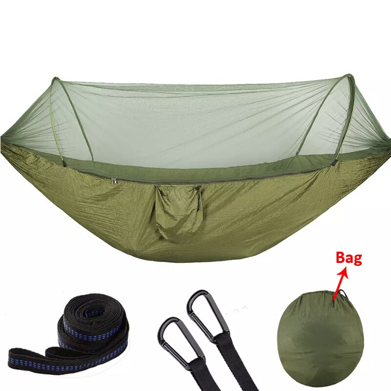 1 sæt camping hængekøje med myggenet pop-up lys bærbar udendørs faldskærm hængekøjer sving sovende hængekøje camping ting zxh: Jun grøn 250