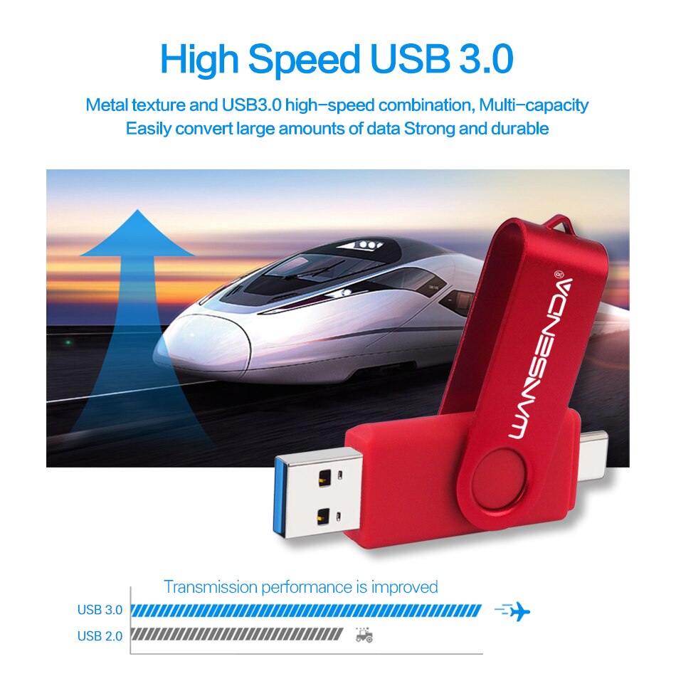 WANSENDA TYPE C USB 3,0 unidad Flash Metal Pen Drive 512GB 256GB 128GB 64GB 32GB 16GB memoria Stick 2 en 1 Pendrives de alta velocidad