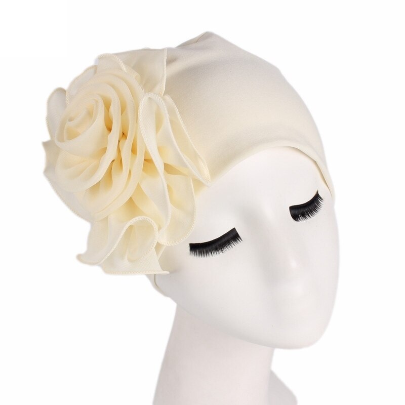Turbante elástico de flor grande para mujer, gorro de la India, gorros para el pelo, gorro para el pelo para dormir, accesorios de estilismo de belleza: Beige