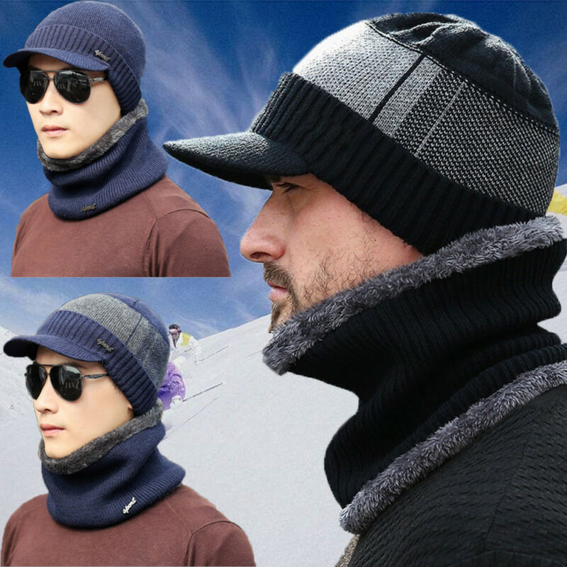 Venda quente inverno tricô chapéu cachecol conjunto masculino cor sólida quente boné cachecóis masculino inverno ao ar livre acessórios chapéus cachecol 2 peças