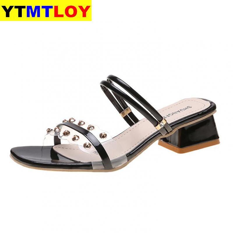 Summer Sandals Women Shoes Women Mules Metal Slides Peep Toe Transparent Square High Heels Female Shoes Gladiator Rivet Square: Black / 38