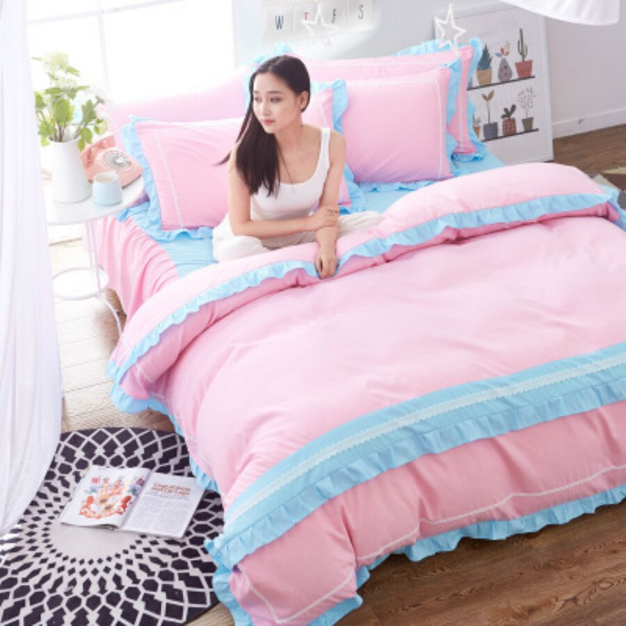 Koreaanse 1.5 m effen kleur bed rok vier delige set effen kleur mode bed rok laken cover
