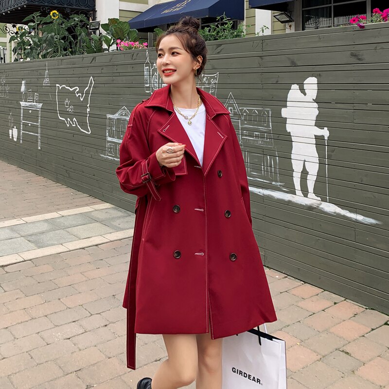 FTLZZ Autumn Winter Female Trench Turn-down Collar Double Breasted Coat Vintage Belt Solid Trench Outwear