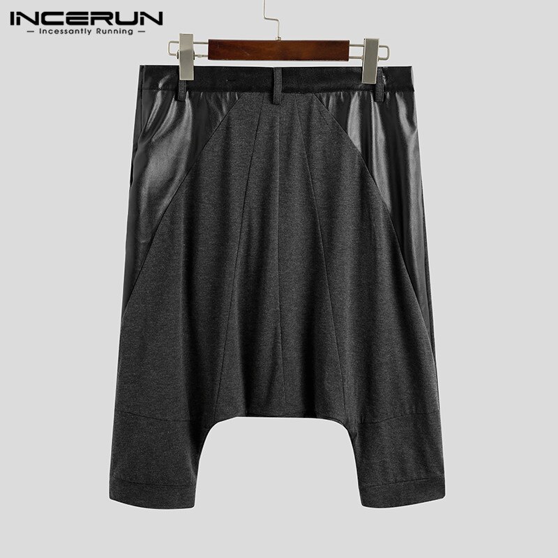 Modne spodnie haremki męskie Punk Zipper Patchwork skóra PU 2020 spadek krocza spodnie biegaczy Streetwear Pantalones Hombre INCERUN