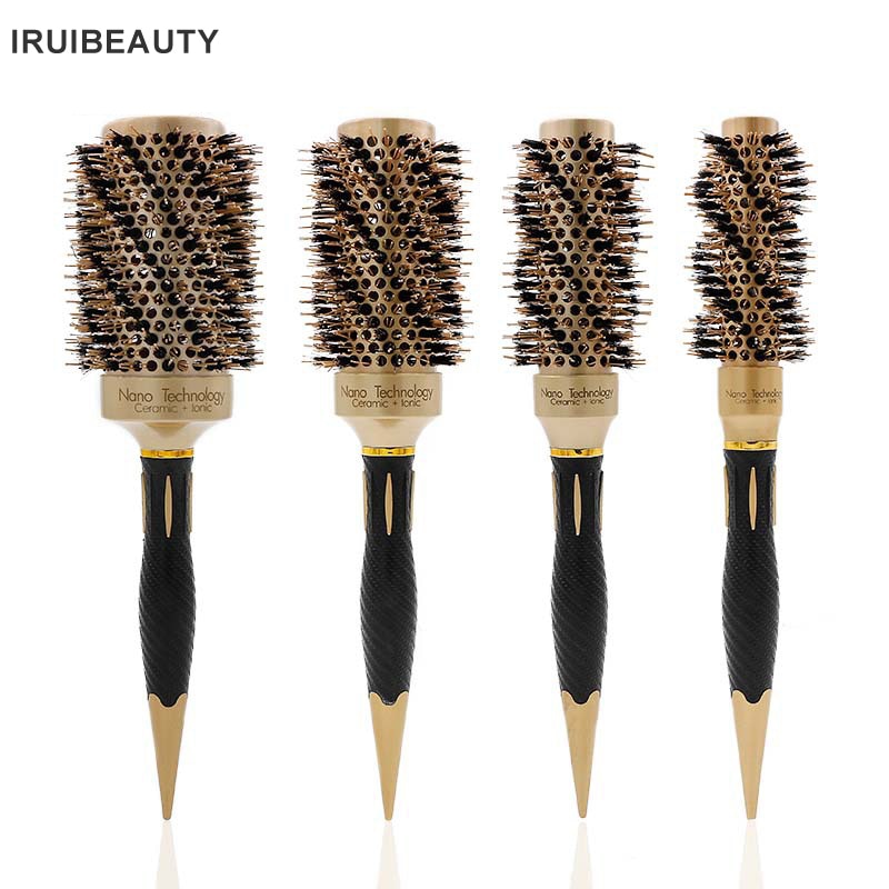 4 Sizes Handle Gold Hair Round Ceramic Brush Boar Bristle Hairdressing Thermal Brush For Hair Curling Aluminum Barrel Comb