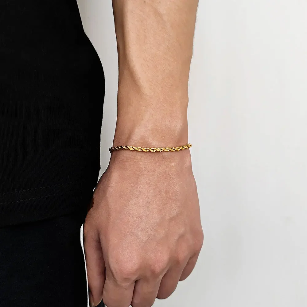 Pulsera de cadena de acero inoxidable de 2-6MM para mujeres y hombres, brazalete de cadena de cuerda trenzada de Color dorado, joyería resistente al agua que nunca se decolora