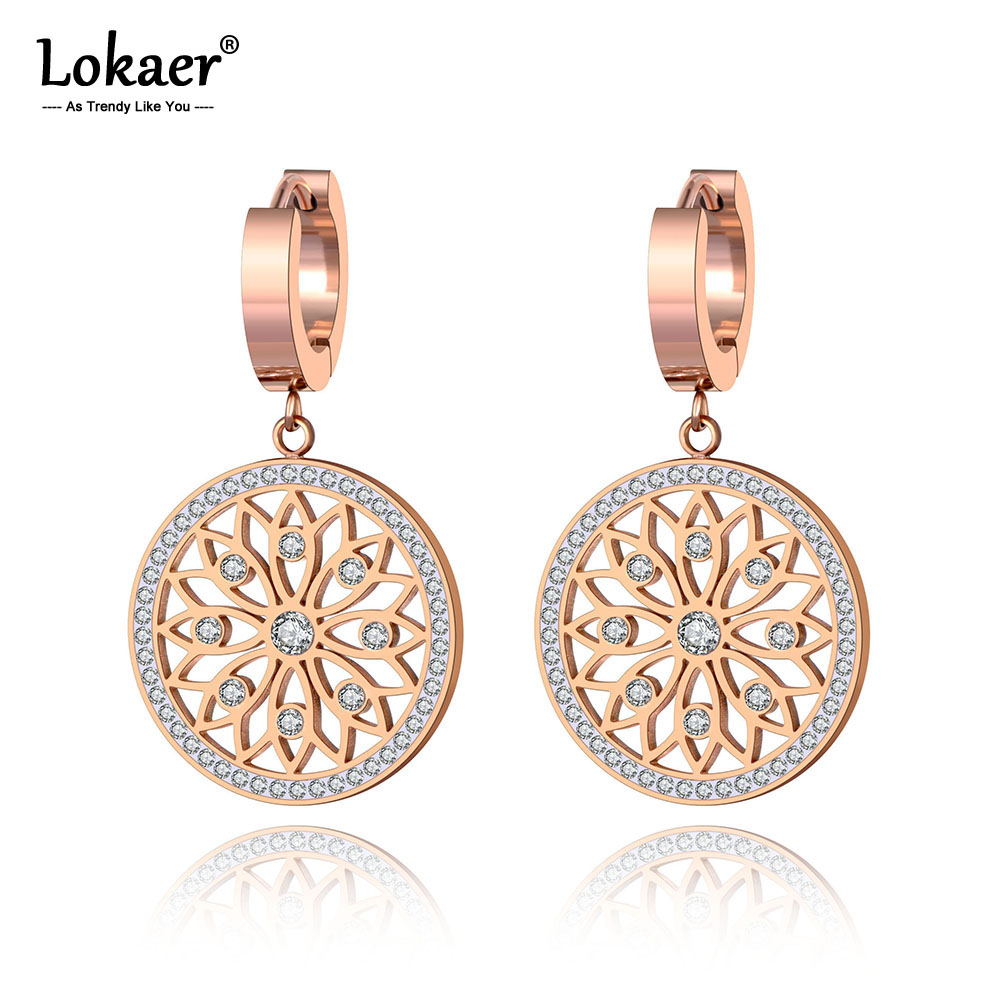 Lokaer Original en acier inoxydable fleur rotin disque boucles d'oreilles bijoux à la CZ cristal boucles d'oreilles pour femmes fille E19269