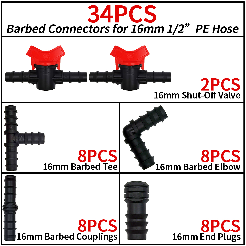 34 Pz 1/2 "kit di Raccordi per Irrigazione a Goccia Dritto tee Gomito Spina per 1/2 Pollici 16mm Tubo di Irrigazione da Giardino Tubo Collegare: Default Title