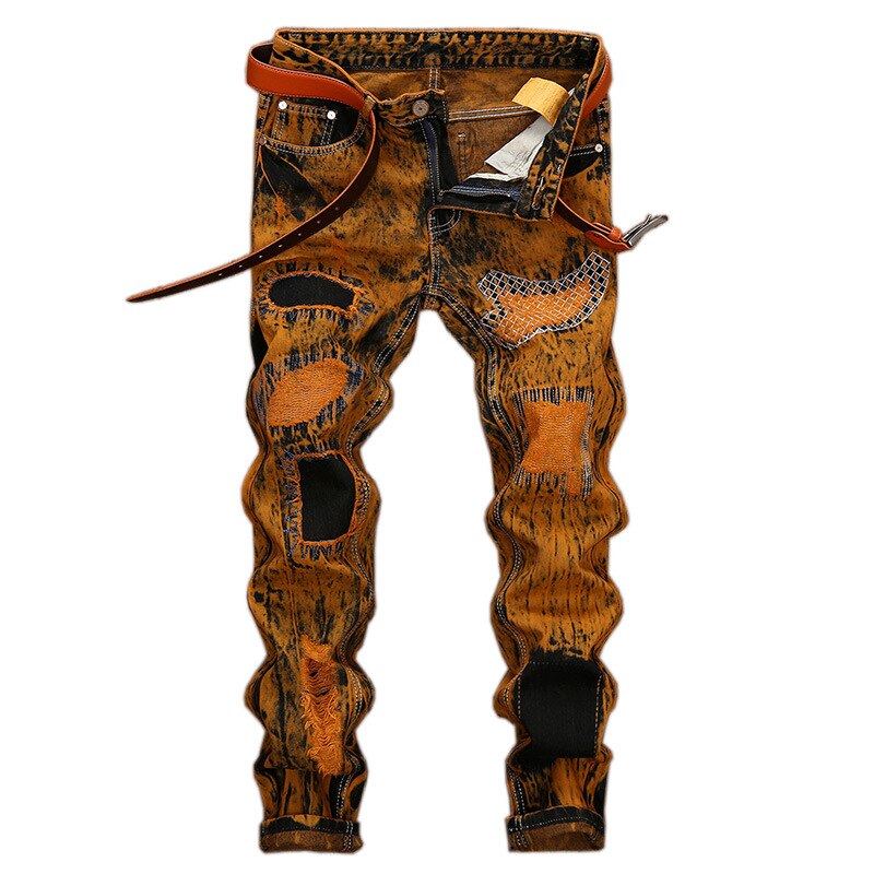 Heren jeans met gatenpatch, bedrukte gescheurde denim broek voor heren, herfst heren hiphop patchwork jeans broeken: 35