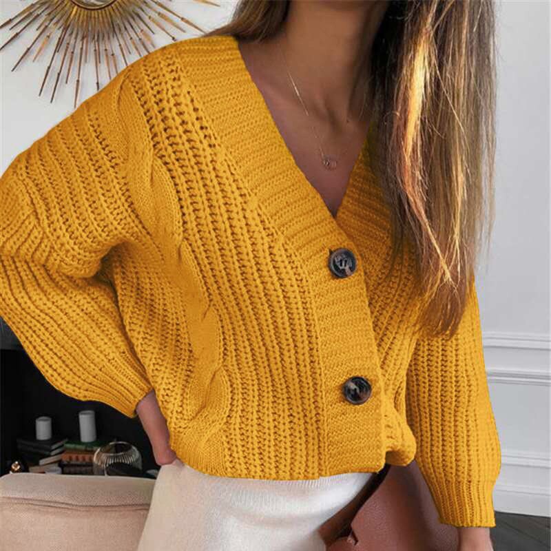 Cárdigan de punto para mujer, suéter de manga larga con cuello en V, ropa de calle informal, abrigo de , estilo de otoño e invierno: YELLOW