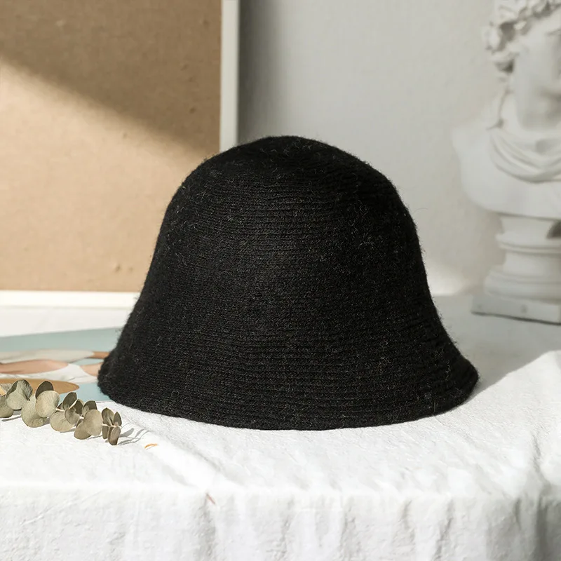 Solid Wool Bucket Hat Women Autumn Winter Fisherman Hat Vintage Knitting Wool Basin Cap: black