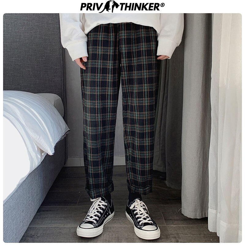 Pantalones holgados a rayas para hombre, pantalón informal a cuadros, coreano, para correr,
