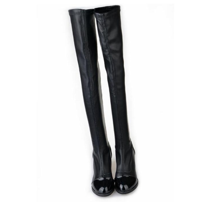 PU Leather Over Knee Boots Women Sequined Toe Elastic Stretch Thick Heel Thigh High Riding Boots Big Size 40