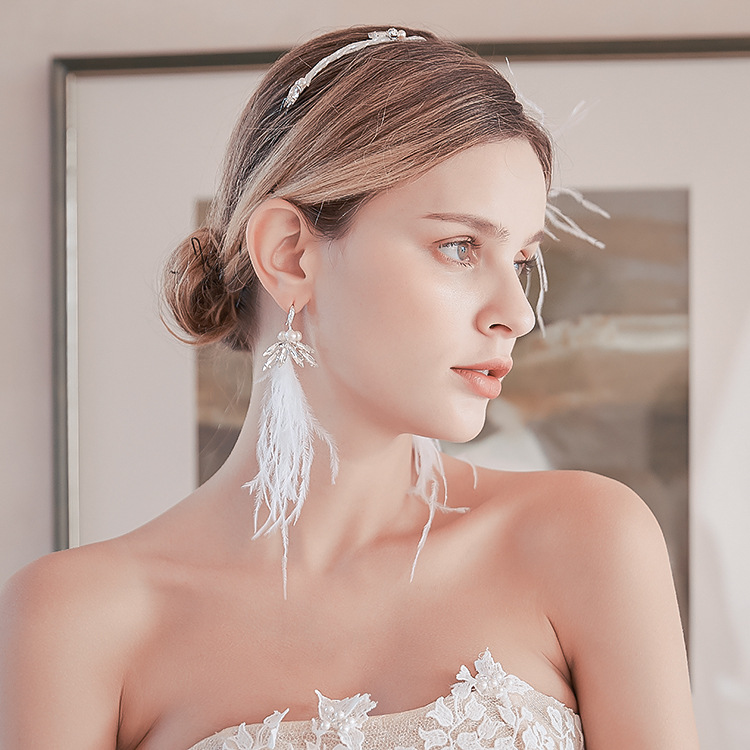 White Feather Bridal Headband with Earrings Crystal Wedding Hair Crown Pearls Jewelry Handmade Women Headpiece