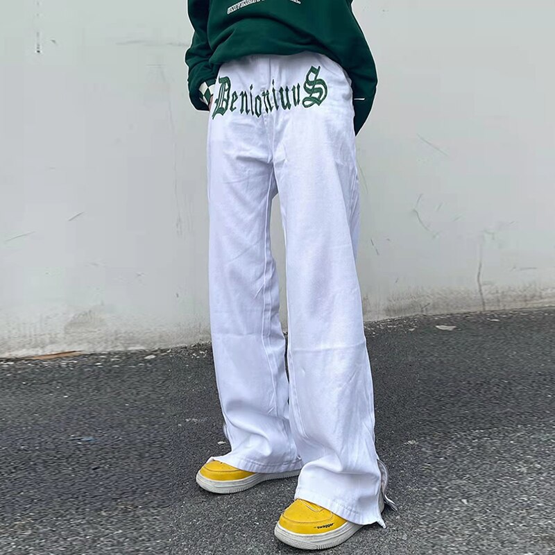 Men and Women Ripped Washed Streetwear Loose Oversized Jeans Pants Ankle Zipper Letter Embroidery Straight Casual Denim Trousers