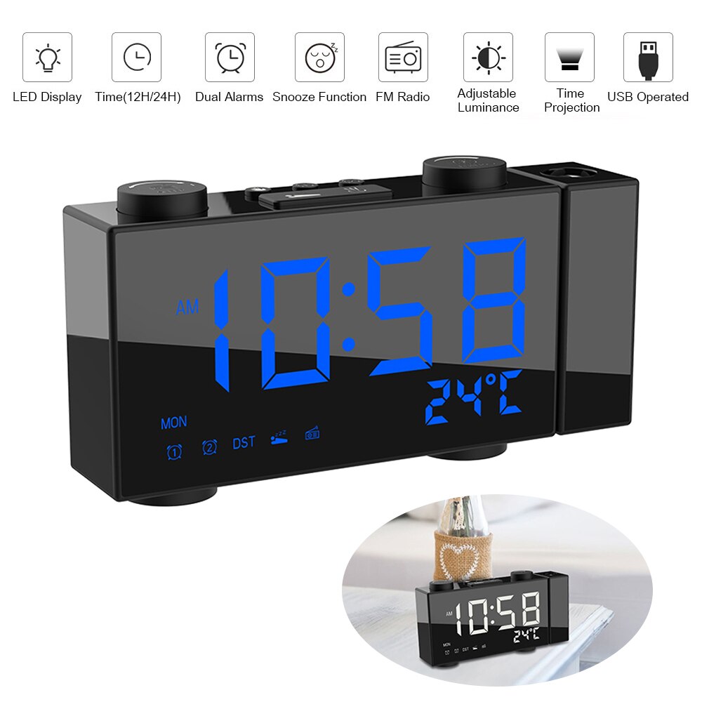 Digitale Wekker Dual Wekker Met Snooze-functie Led Projector Klok Met Fm Projectie Radio Usbb/Batterij Aangedreven
