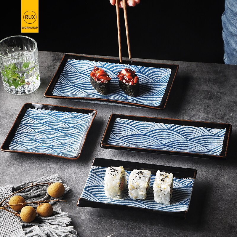 Blue wave pattern Ceramic plate Western tableware Steak dish porcelain plate Home kitchen rectangle square serving platter