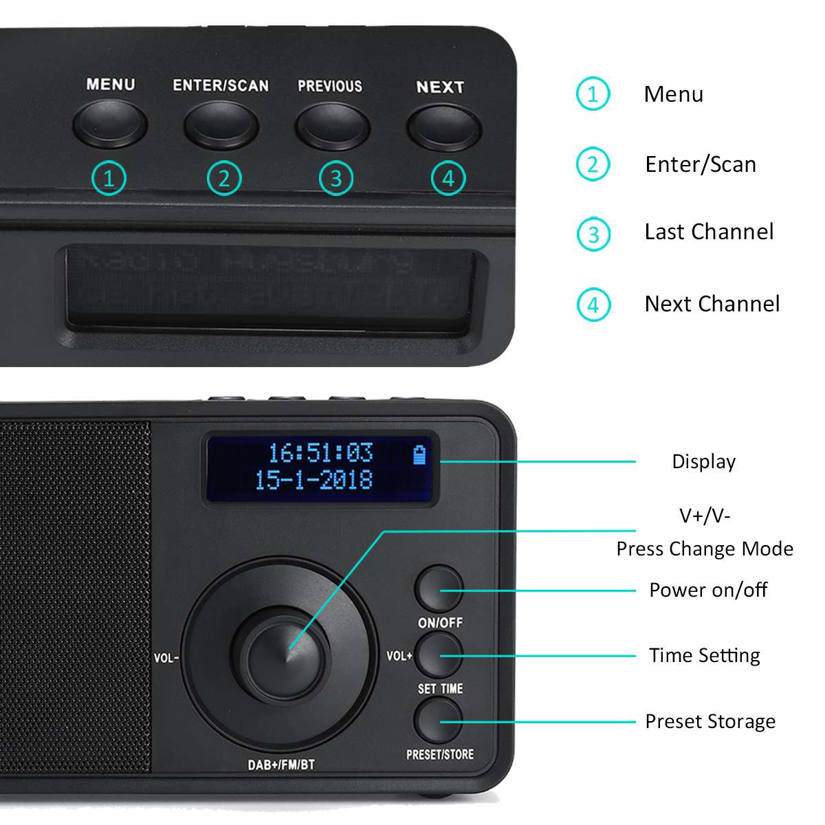 Portable DAB DAB+FM Digital Radio Player Receiver Handheld bluetooth Mini Music Stereo Radio Speaker Support AUX LCD Alarm Clock