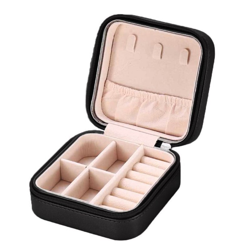 Protable Travel Leather Jewelry Box Organizer Display Earrings Ring Necklace Jewellery Zipper Storage Case Women Girls: Black