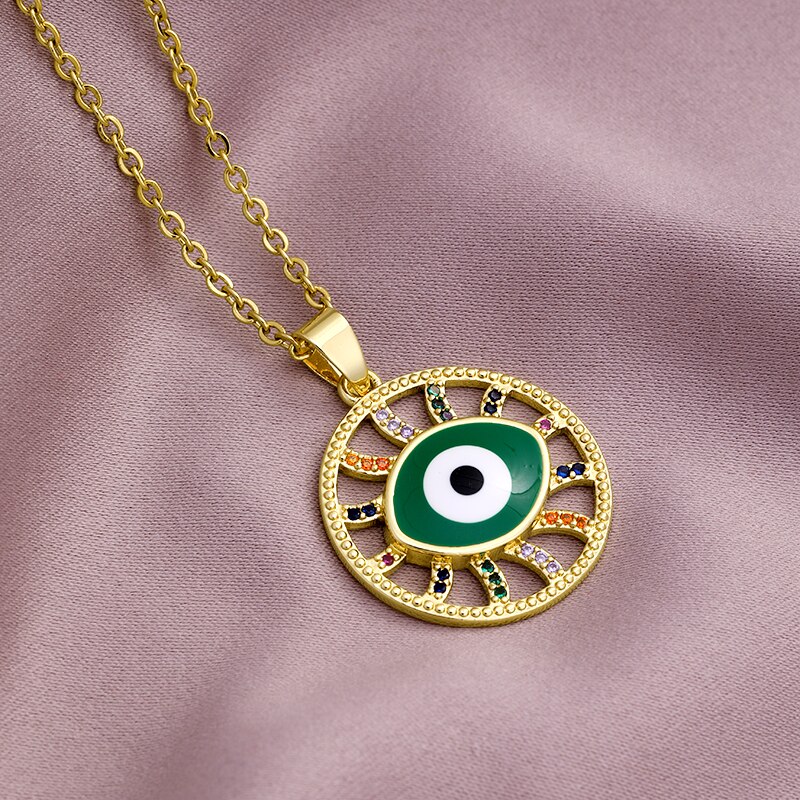 Evil Eye Pendant Necklaces Stianless Steel Chain Gold Color Turkish Girls Women Blue Devil Eye Jewelry: Green B / 60cm