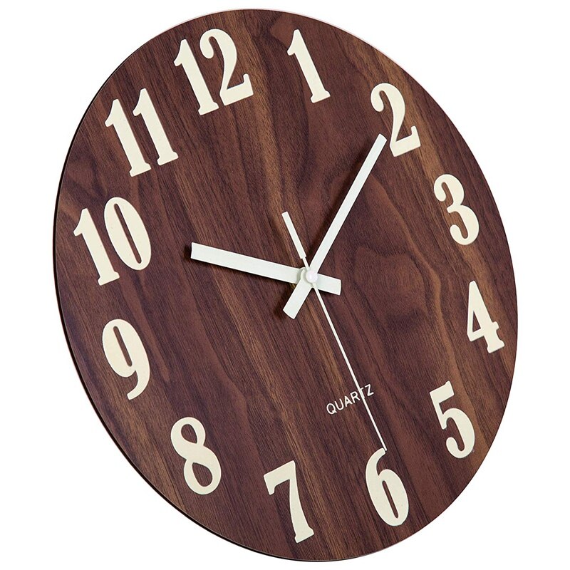 12 Inch Night Light Function Wooden Wall Clock Vintage Rustic Country Tuscan Style For Kitchen Office Home Silent & Non-Ticking