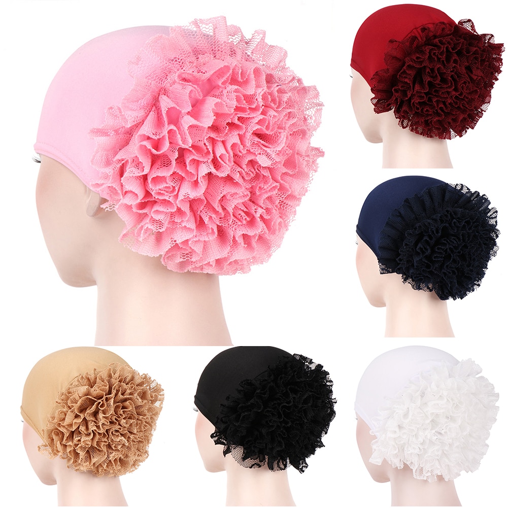 Enfärgad spetsblomma kvinnor muslimska hijab turban arabisk huvudsjal keps mössa mjuka huvudbonader som andas gör dig charmig!