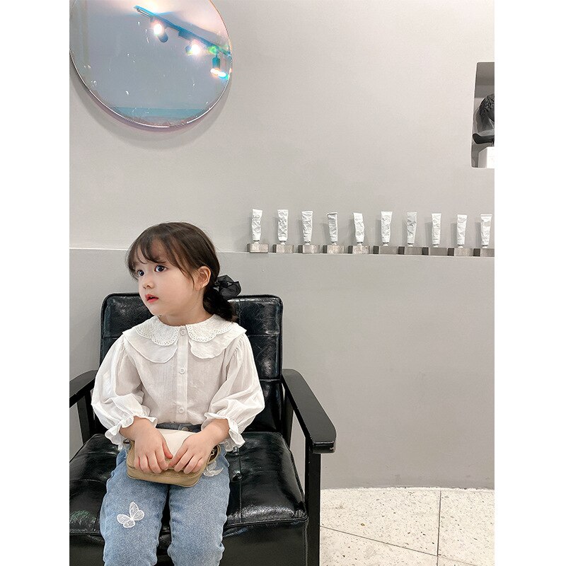 Camisa blanca pura de para chicas otoño contrajo la nueva camisa suelta de manga de encaje camiseta para niños