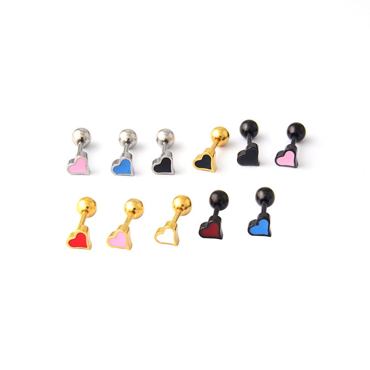 Pendientes de acero inoxidable con forma de corazón para mujer, aretes, Piercing, hélice, azul, rosa, rojo, negro, esmalte, 1 unidad