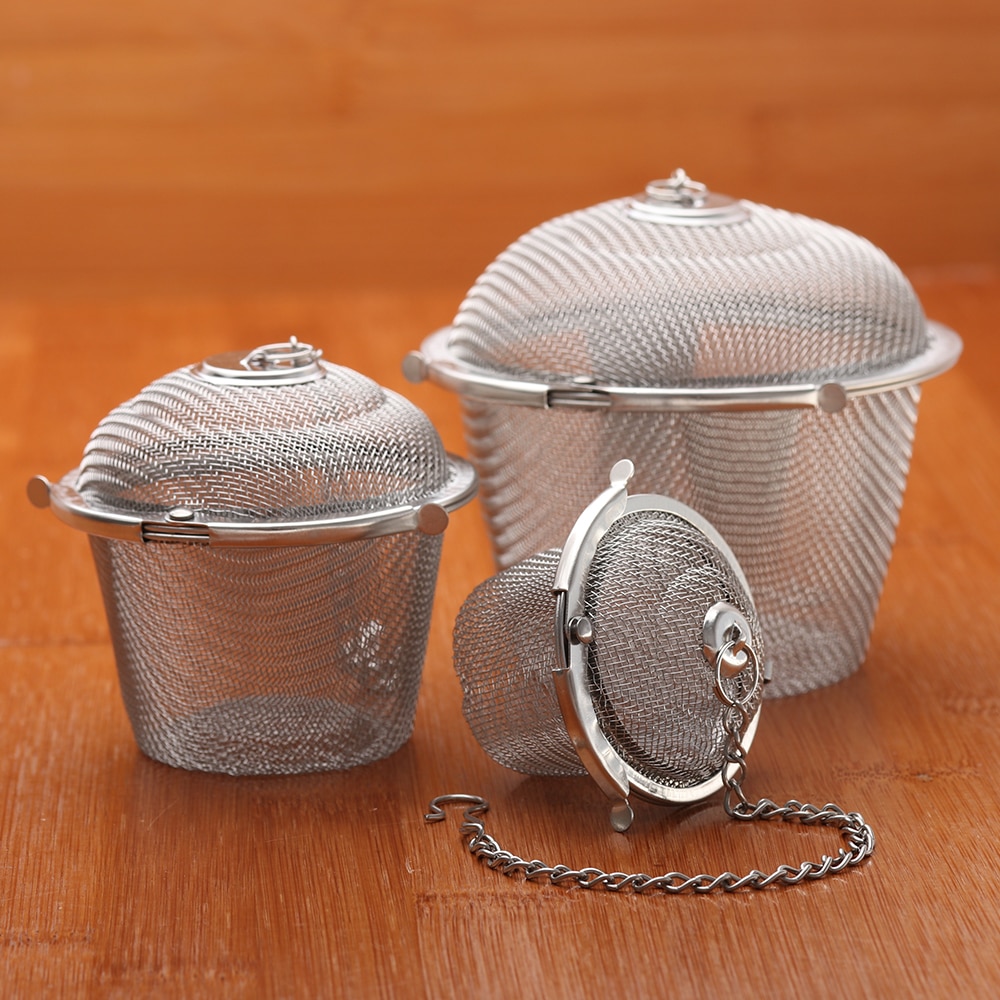 3 størrelse rustfrit stål holdbart sølv genanvendeligt mesh urtekugle te krydderi si tekedel låsende te filter tilføre krydderi