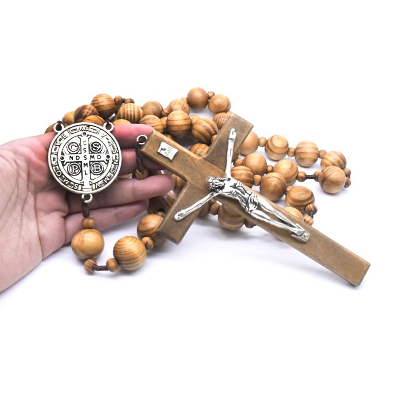 Håndlavet rundt træ perle katolsk mur rosenkrans kryds religiøs halskæde