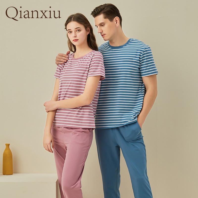 Spring Autumn Women Casual Striped pajama sets Female short sleeve Round Collar T shirt & Pants Ladies Cotton Sleepwear suit