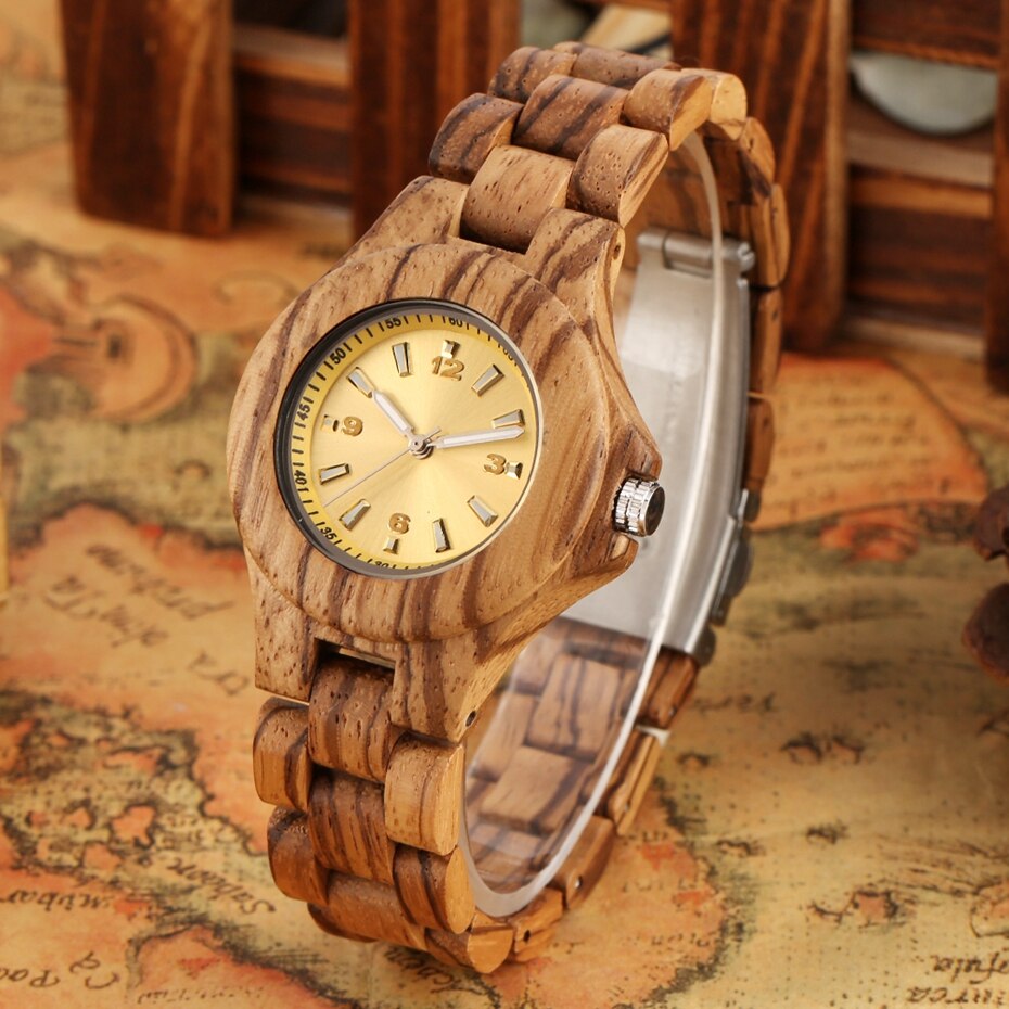 Women's Yellow Dial Analog Watch Retro Wood Watch Wooden Bracelet Ladies Quartz Hour for Girlfriend saat erkek Hours clock