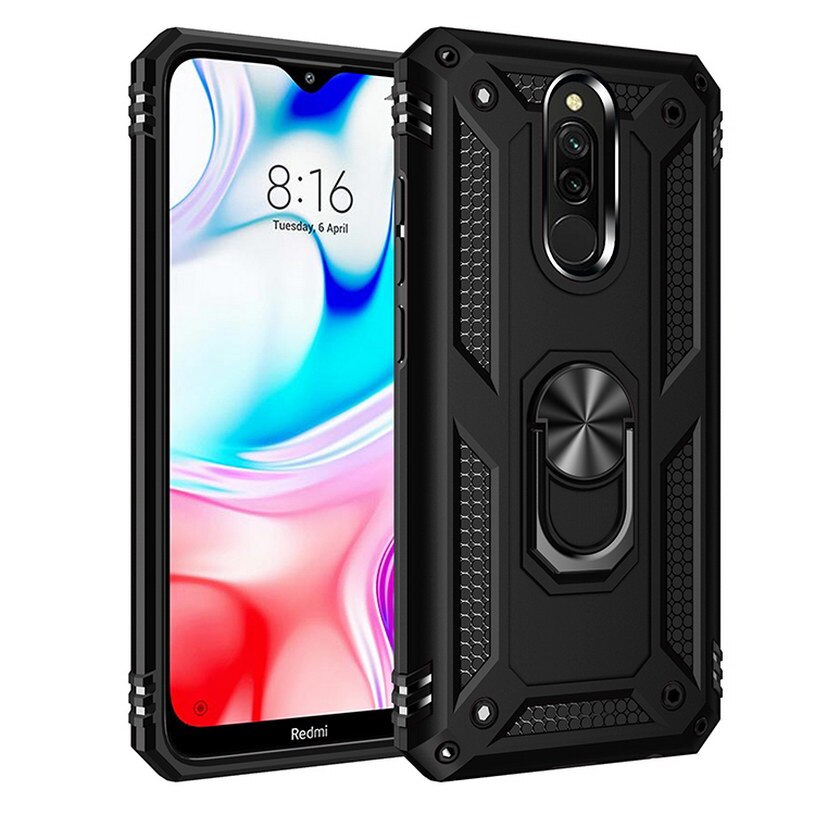 Armadura de lujo, funda A prueba de golpes para Xiaomi Redmi 8, funda híbrida de silicona para xiaomi redmi 8A redmi8, funda con anillo de Metal: For Redmi 8A / Black