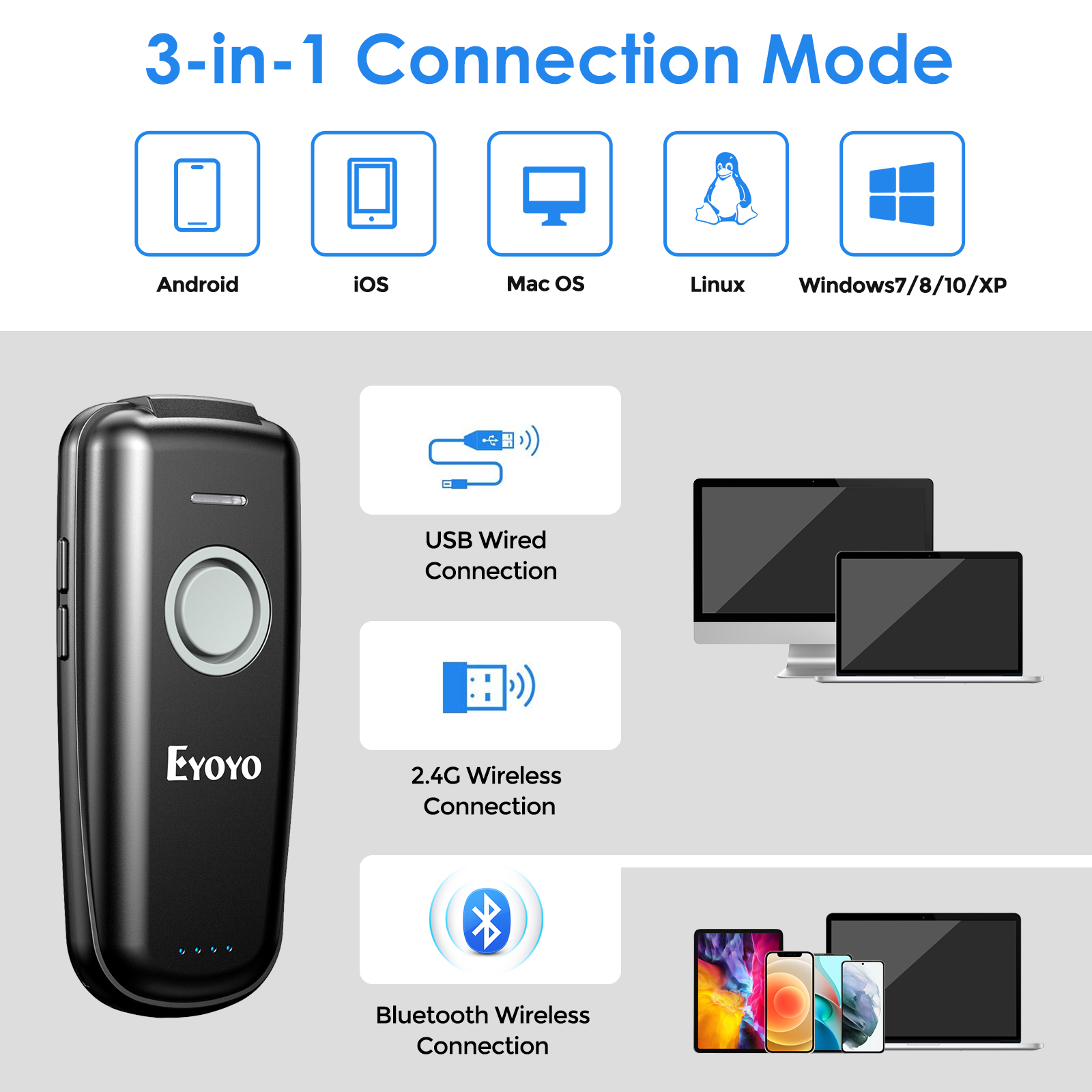 Eyoyo Mini 1D Wireless Barcode Scanner Bluetooth &amp; Wired Portable Bar code Reader for iPad iPhone Android Tablets Barcode Reader