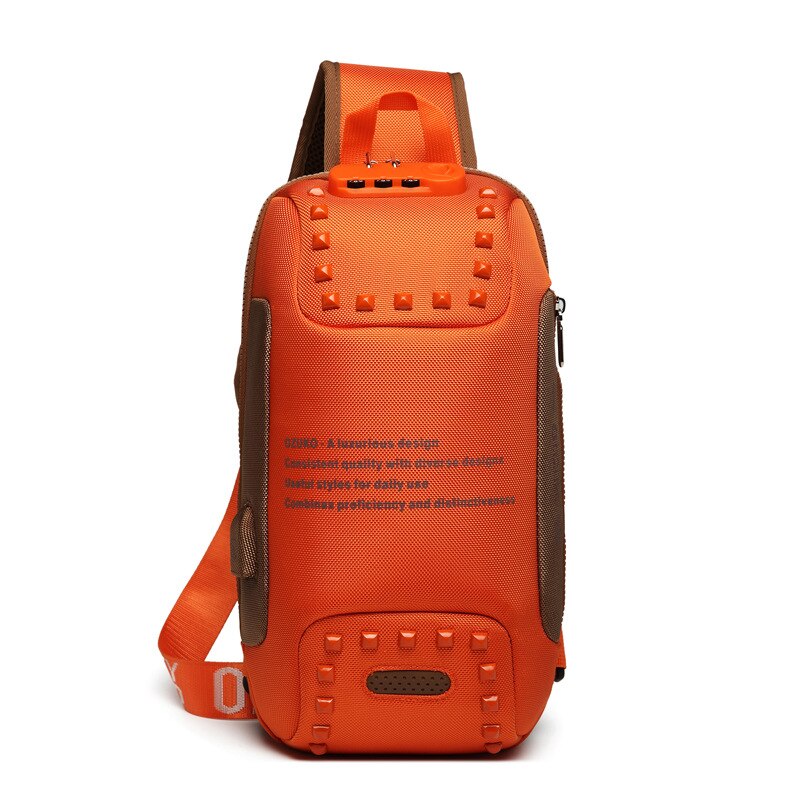 Brand Sling Waterproof Rivet Men Chest Bags Anti Theft Password Lock USB Charging Port Women Shoulder Bag Reflective