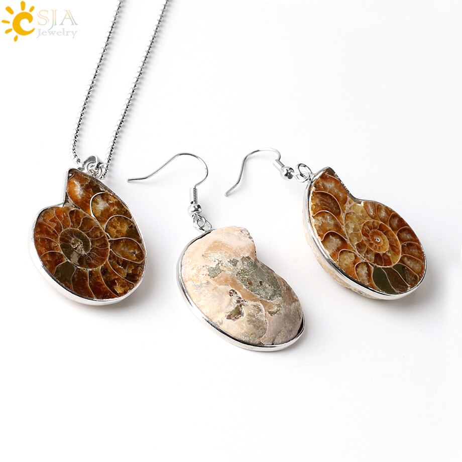 CSJA Natural Unique Ammonite Jewelry Set Fossils Necklaces Pendants Conch Shell Snail Spiral Dangle Earrings Pendants Sets E392