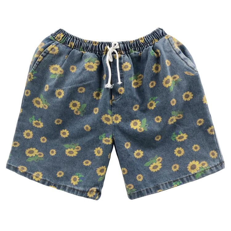 Pantalones cortos vaqueros lavados con estampado Floral de margaritas para hombre y mujer, ropa de calle informal, holgada, con cintura elástica, de verano
