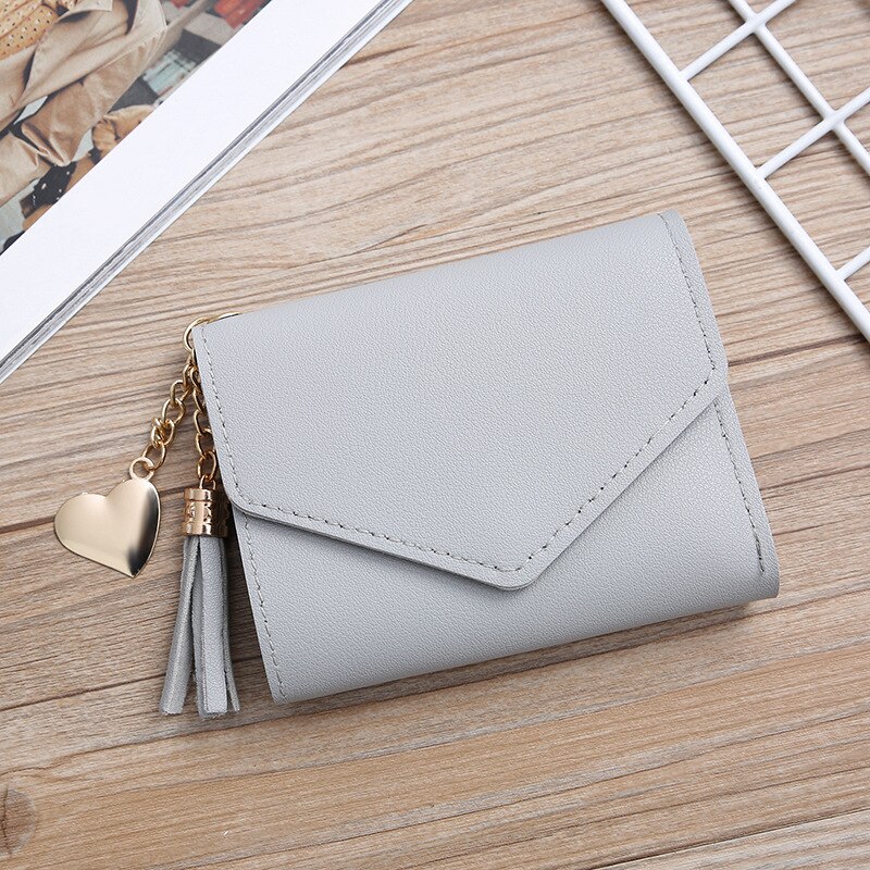 Women Wallet Cute Student Tassel Heart Pendant Short Wallet Small PU Wallet Coin Purse Ladies Card Bag For Women: light gray